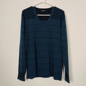 Fabrika Men's Wool Blend Striped Sweater in Petroleum Green Sz Large V-neck Fall